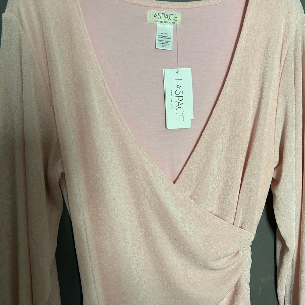 L*SPACE NWT LIGHT PINK LONG SLEEVES MINI DRESS SIDE RUCHING, STRETCH SZ: SMALL - Picture 4 of 9